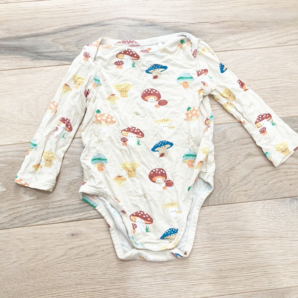 Angel Dear Cream Mushroom Print Bodysuit Long Sleeve Bamboo